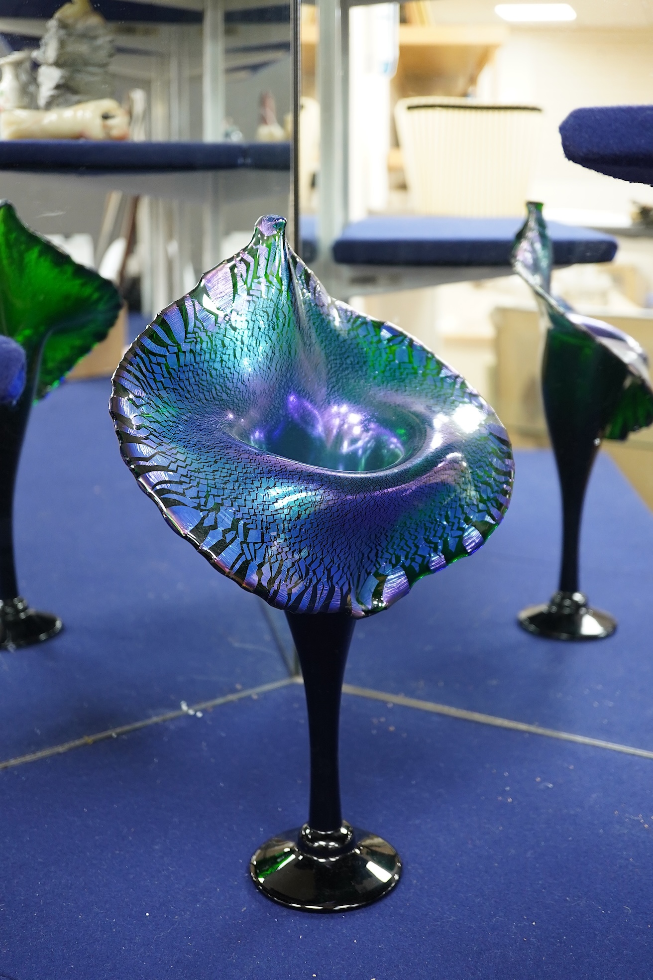 An Isle of Wight iridescent glass vase, Richard Golding Okra Luxor vase and Jack in Pulpit the box vase (3) tallest 38.5cm